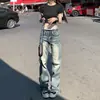 Calça Jeans Azul Lavada Vintage Estilo Americano para Mulheres, Barra Reta, Emagrecedora, Inverno, Streetwear, Cintura Baixa, Solta, Perna Larga, Comprimento Estendido, Comprimento Total