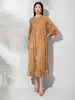 Vestido de Moda con Pliegues 2025 Nuevo Color Sólido Elegante Cuello Redondo Holgado Talla Grande Patchwork Manga Tres Cuartos Longitud Media para Mujer