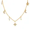 Colar de Pérolas de Água Doce Estilo Europeu e Americano Estrela de Oito Pontas Lua Multi-Acessórios Corrente para Clavícula de Aço Titânio Moda Pedra Feminina