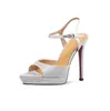 Zapatos de boda de punta fina con pedrería de comercio exterior, sandalias de punta abierta, tacones de aguja de nuevo estilo, plataforma impermeable, tacones altos peep-toe plateados de suela gruesa 12 cm