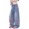 Jeans retro americanos de retazos rotos para hombre y mujer, estilo nuevo con diseño de bloques de color a cuadros, pantalones holgados de pierna ancha curvados, modernos