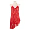 Robe de Dormir de Renda com Laço Desejo Puro Sexy Transparente com Fenda Dobrada Tentação Charmosa Lingerie Slip Skirt Nightgown 8095
