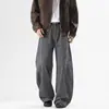 Roupas Masculinas Fengshe / Calça Jeans Casual de Tecido com Corte Curvo Retro Americano, Caimento Solto, Perna Larga, Drapeado