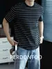 Camiseta Redonda de Algodão de Alta Qualidade com Blocos de Cor Listrados Nuvem para Homens, Manga Curta, Simples Versátil Casual de Verão