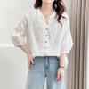Camisa Artística de Estilo Japonés con Cuello en V y Manga Tres Cuartos con Bordado Floral 2025 Verano Casual Top Adelgazante al por Mayor