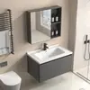 Mueble de baño con mueble de aluminio tipo panal montado en la pared, lavabo cerámico integrado y espejo de gabinete inteligente
