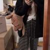 Pantalones Rectos de Pierna Ancha Rayados con Cordón de Verano 2025 Holgados Casuales Perezosos Sin Costuras en la Cintura Rectos Adecuados para Usar Después del Parto