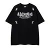 Ropa para Hombre Ins Retro Americano Camiseta Negra de Manga Corta con Hombro Caído, Estampado de Caballo en Racimo y Diseño de Letras, Peso Pesado Holgada Estilo High Street