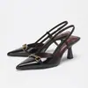 Sapatos de Salto Alto Silenciosos da Moda, Sapatos de Salto Alto Elegantes e Luxuosos para Mulheres, Bico Fino Boca Rasa, Fivela Horsebit, Sandálias de Salto Alto com Tira Única