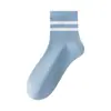 Meias Zhuji Femininas Primavera 7A Antibacterianas Meia Cano Médio Absorventes de Suor Respiráveis Femininas Listradas Duas Listras Casuais Modernas Meias DEY