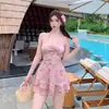 2026 Nuevo Estilo Estilo Puro Deseo Traje de Baño Enterizo Tipo Falda que Cubre el Vientre y Luce Adelgazante, Conservador de Manga Larga Tallas Grandes para Vacaciones en la Playa Bañador para Aguas Termales para Mujeres