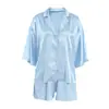 Cardigan de Cetim Transfronteiriço 2026 Europeu e Americano de Verão Fresco e Confortável para Mulheres, Roupa de Casa com Mangas Três Quartos e Shorts
