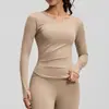 Top Esportivo de Manga Longa V-Neck Plissado Cor Sólida Cross-Border Slim-Fit para Yoga