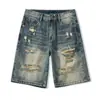 Shorts jeans casuais de verão estilo americano, frescos, lavados, vintage, com aspecto desgastado e rasgos, para homens, soltos e versáteis, calças de cinco pontos da moda