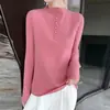 Nuevo Suéter de Punto de Lana Pura con Cuello de Tortuga Medio y Media Apertura de Manga Larga para Mujer Color Sólido Costilla Lana Superior