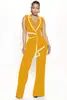 TD2769 Moda Verão Europeia e Americana Cruzada Feminina Nova Elegante Decote V Sem Mangas Slim Fit Macacão Calça Wide Leg