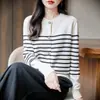 Nuevo cárdigan de punto de algodón puro con cuello redondo, de manga larga, a rayas de bloques de color, holgado, para mujer, de principios de otoño y primavera.