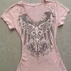 Camiseta Vintage Rosa Retro Americana de Manga Curta com Decote V para Mulheres Verão 2024 Slim Fit Top que Marca a Cintura