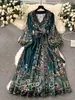 Vestido Estampado de Manga Larga con Cinturón, Estilo Étnico, Cuello en V, para Mujer, Europeo y Americano, Transfronterizo, Primavera Temprana 2026