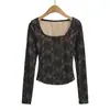 AY822-26 Otoño Coreano Suave Fragante Oxígeno Belleza Chica Estilo Puro Deseo Cuello U Grande Encaje Manga Larga Camiseta Camiseta Básica para Mujer