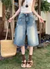 Foto real calça capri jeans americana lavada desgastada para mulheres, novo estilo de verão, cintura alta, caimento justo, perna reta em A, calça versátil de comprimento médio