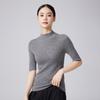 Suéter de punto fino 100% lana merino pura para mujer, cuello semi-alto, manga corta, capa base fina, top de manga media para otoño