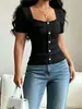 Camiseta Base Versátil de Comercio Exterior para Mujer, de Manga Corta con Volantes, Ajustada a la Cintura, de Corte Entallado, Cuadrada, de Venta Caliente Transfronteriza Europea y Americana