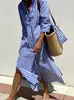 2026 Estilo Novo Europeu e Americano Comércio Exterior Feminino Cardigã Listrado de Manga Três Quartos Camisa Vestido com Lapela