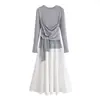 Atacado de Roupas Femininas Transfronteiriças Estilo Europeu e Americano Primavera Moda Casual Top Chique com Laço Manga Longa com Vestido de Saia Patchwork