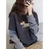 Camiseta de manga larga de forro polar cepillado a rayas, imitación de dos piezas para mujer, capa base engrosada, sofisticada parte superior gris oscuro para otoño
