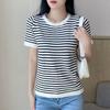 2022 Verão Wear fino listrado manga curta gelo seda malha suéter feminino solto emagrecimento pullover camiseta Top Trendy Comércio Exterior