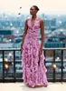 2026 Amazon Europeia e Americana Transfronteiriça Outono Novo Roupa Feminina Estilo Suave Moda Estampada Vestido Plissado na Cintura