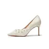 Zapatos de tacón de aguja altos con punta afilada, florales, con cuentas y encaje francés hecho a mano para mujer, 9169E-235