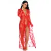 Cárdigan Sexy de Encaje Conjunto de Lencería Transparente para Mujer, Bata Larga hasta el Tobillo con Escote en V Profundo y Mangas Largas, Adecuado para Usar Fuera de Casa
