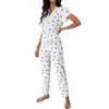 Pijama de Mujer Transfronterizo Nuevo Estilo Europeo y Americano Sexy Cuello Encaje Estampado de Cerezas Camisa Pantalones Ajustados Ropa de Casa Pijama