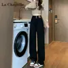 Jeans Preto de Cintura Alta Reto para Mulheres, Tendência Outono e Inverno Versátil Novo Forrado com Lã Solto Modelador Estreito Calças de Perna Larga