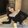 Top Curto Europeu e Americano Quente Feminino Spice Girls Manga Longa Nicho Clavícula Off-shoulder Sexy Ombro Exposto Base Apertada Camiseta