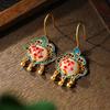 Libro Rojo recomienda Aretes de Jade Imitación Chapados en Oro Método Antiguo Flor de Peonía Abierto Ruyi Candado Ping An Aretes Antiguos con Borla