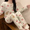 Conjunto de ropa interior térmica para mujer, top y pantalón de otoño, corte ajustado, estilo nuevo, estampado de dibujos animados dulce y lindo