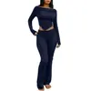 Conjunto de Primavera para Mujer Transfronterizo Europeo y Americano, Nuevo, Color Sólido, Hombros Descubiertos, Manga Larga, Fruncido, Top Corto Camiseta y Pantalones para Mujer