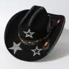 Sombrero Negro de Fieltro para Chica Picante con Tachuelas de Estrella, Sombrero Vaquero Occidental con Adornos de Estrella Plateada con Purpurina, Plumas con Cuentas, Sombrero Estilo Retro Dulce y Genial