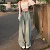 Jeans Reto Vintage Feminino Design Primavera e Outono Cintura Alta Emagrecimento Caimento Perna Larga Calça Boca de Sino Moda Ins