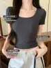 H106 Verano Nuevo Camiseta de Canalé con Cuello en U Manga Corta para Mujer Corte Ajustado Simple Adelgazante Ropa Exterior Camiseta Top Ropa para Mujer