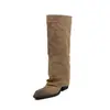 Botas de montaria femininas em camurça, botas outonais de salto alto grosso com bico quadrado, botas de cano alto over-the-knee com aspecto desgastado e envelhecido