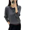 Suéter gris de punto trenzado con cuello para mujer, nuevo estilo otoño e invierno, con botones de contraste, top casual, suéter básico moderno y elegante