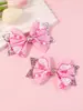 Nova Presilha de Cabelo Rosa Estampada de Poliéster para Dia das Mães da Amazon com Laço Infantil Feito à Mão Presilha de Cabelo Dupla Camada com Lantejoulas