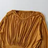 Ropa de Mujer Transfronteriza al por Mayor Otoño Nuevo Estilo Europeo y Americano Cuello Redondo Plisado Color Sólido Casual Top Corto de Manga Larga