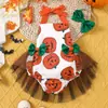 Ropa de Falda Bodycon de Malla con Estampado de Calabaza Europeo y Americano con Cuello Halter, Diadema con Lazo para el Cabello, Pelele de Bebé para Halloween