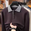 Camisa polo casual de manga comprida para homens de meia-idade com gola virada, adequada para primavera e outono, feita com seda de amoreira e lã de ovelha