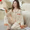 Pijama de alta gama 100% algodón para mujer, primavera, otoño, verano, cárdigan de manga larga, dulce, casual, holgado, ropa de casa, conjunto para mamá